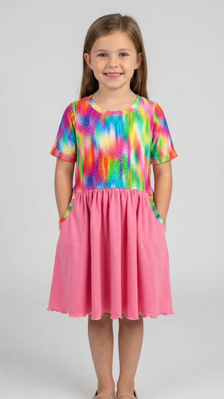 Saffron Threads model in rainbow dress