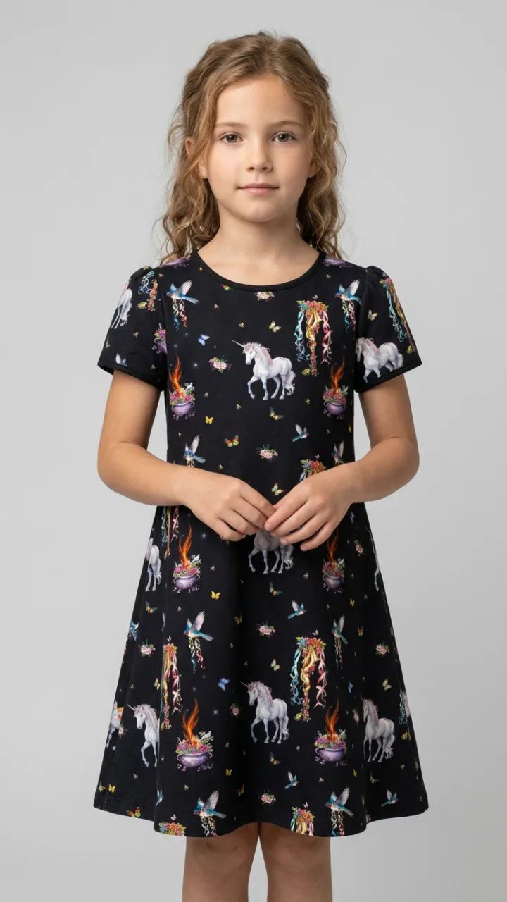 Saffron Threads model in unicorn print dress